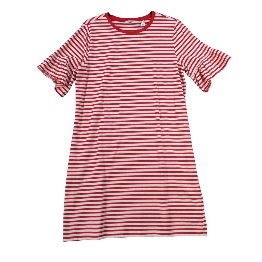 Isaac Mizrahi Live Womens Red‎ White Striped Ruffle Sleeve T-Shirt Dress Medium
